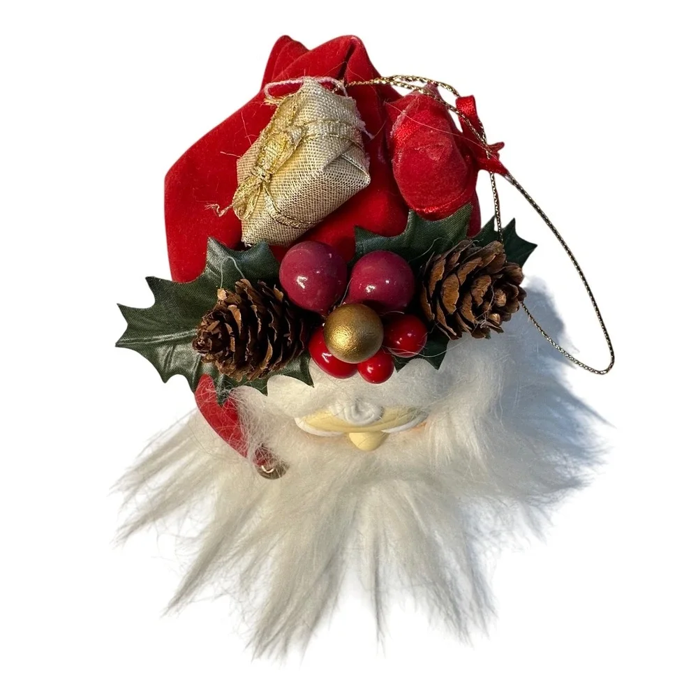 Santa Head Christmas Ornament‎ Faux Fur Beard Pinecone Berry Crown Vintage